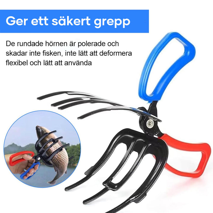 "Ergonomisk fisketång med blått och rött plasthandtag, perfekt för multianvändning vid fiske, robust och mångsidig."