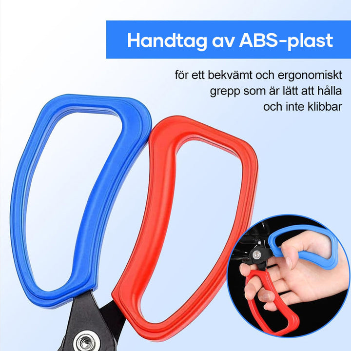 "Ergonomisk fisketång med blått och rött plasthandtag, perfekt för multianvändning vid fiske, robust och mångsidig."