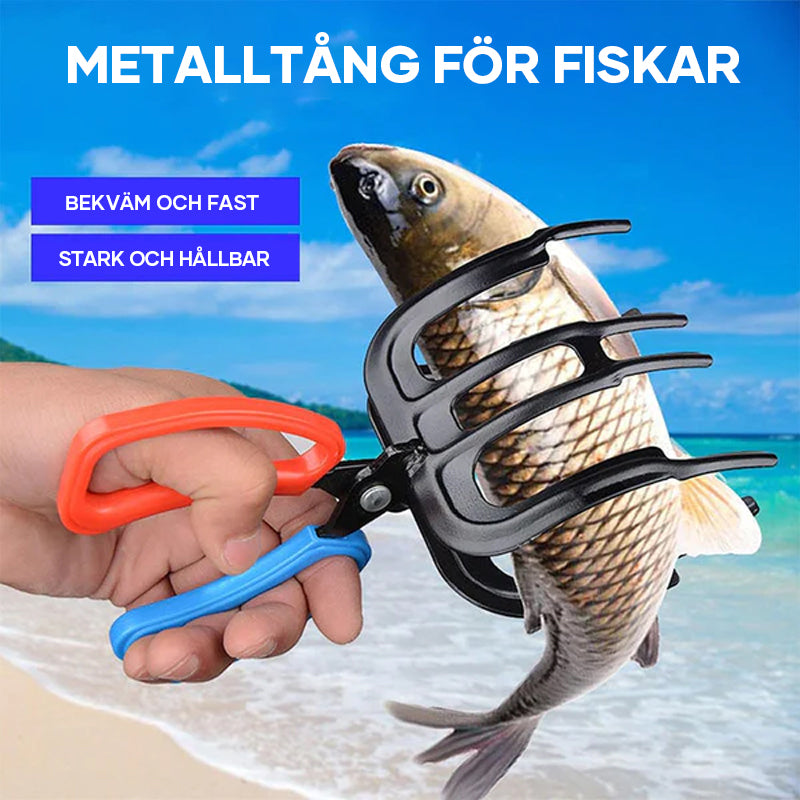 "Ergonomisk fisketång med blått och rött plasthandtag, perfekt för multianvändning vid fiske, robust och mångsidig."