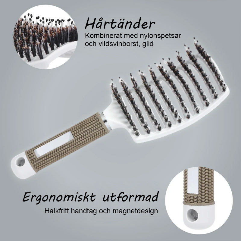 "Ergonomisk hårborste med nylonspetsar, svart handtag, designad för alla hårtyper, erbjuder smärtfri borstning."
