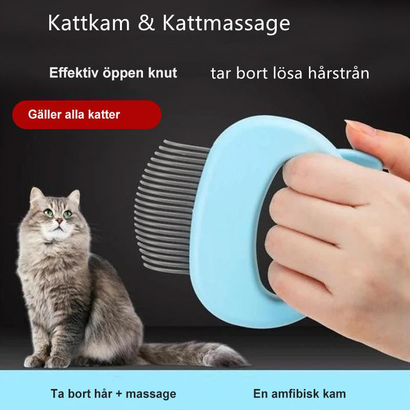 Ergonomisk kattkam för massage och borstning i blå, grön, rosa. Förbättrar pälsens glans och minskar stress.