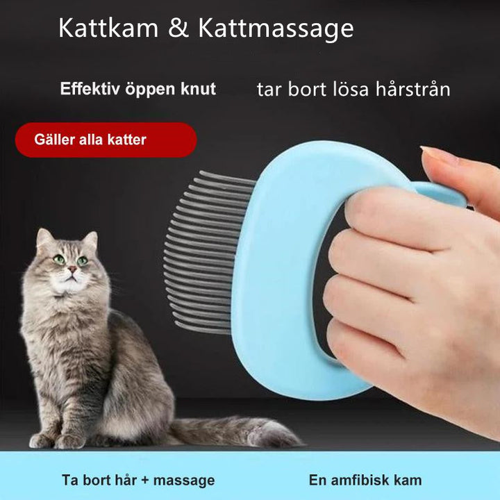 Ergonomisk kattkam för massage och borstning i blå, grön, rosa. Förbättrar pälsens glans och minskar stress.
