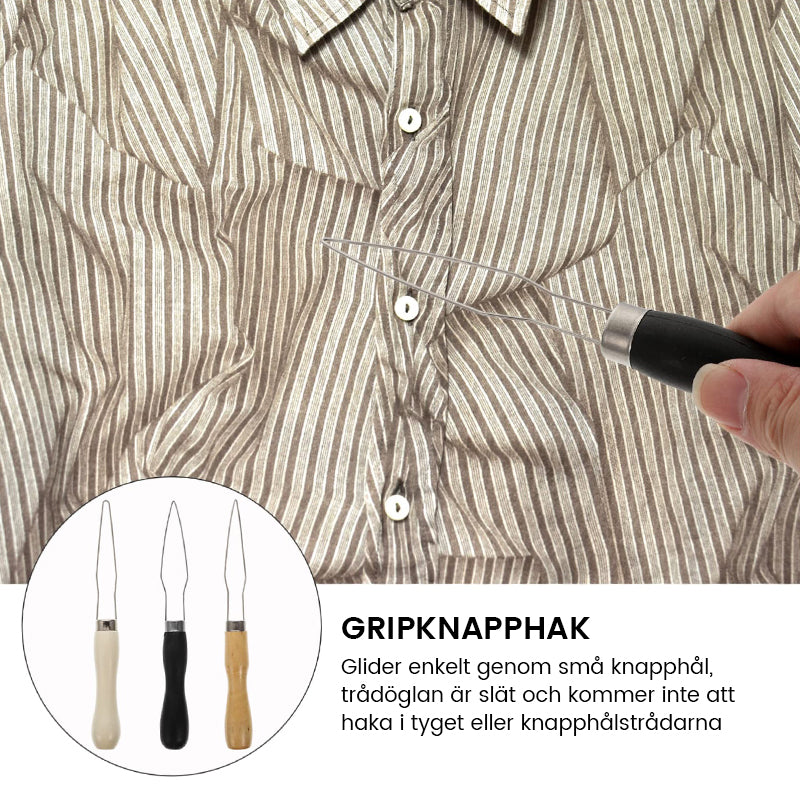 "Ergonomisk knappkrok i metall med pekfingeröppning för enkel knapphantering, idealisk för begränsad fingerfärdighet."