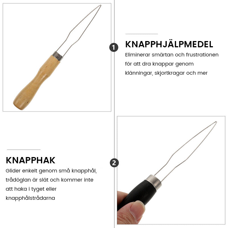 "Ergonomisk knappkrok i metall med pekfingeröppning för enkel knapphantering, idealisk för begränsad fingerfärdighet."