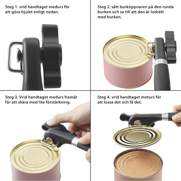 "Ergonomisk konservöppnare i rostfritt stål med långt handtag och släta kanter, idealisk för alla kök."
