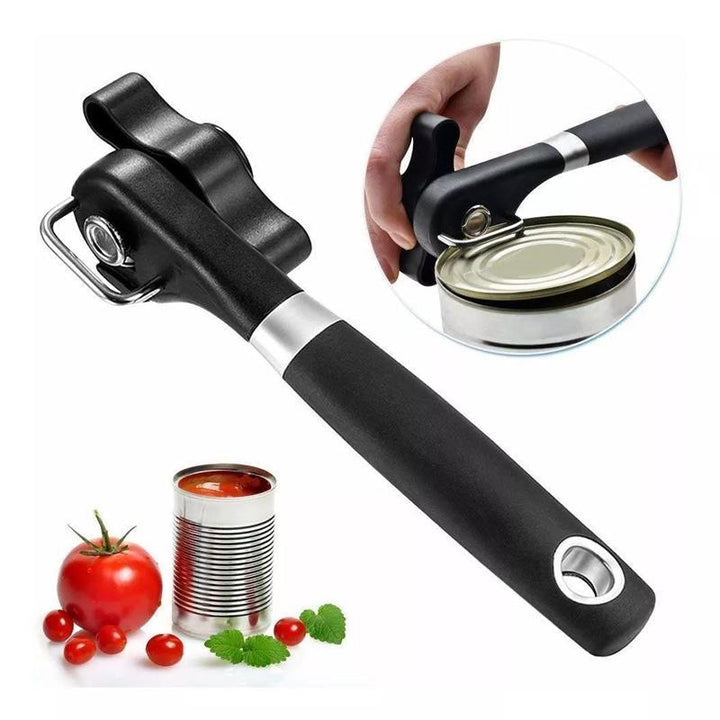 "Ergonomisk konservöppnare i rostfritt stål med långt handtag och släta kanter, idealisk för alla kök."