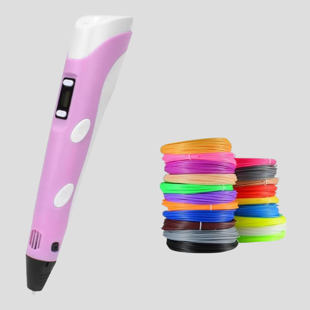 Ergonomisk Kreativ 3D-penna för barn och vuxna, med grå detaljer, ligger redo för 3D-ritning.