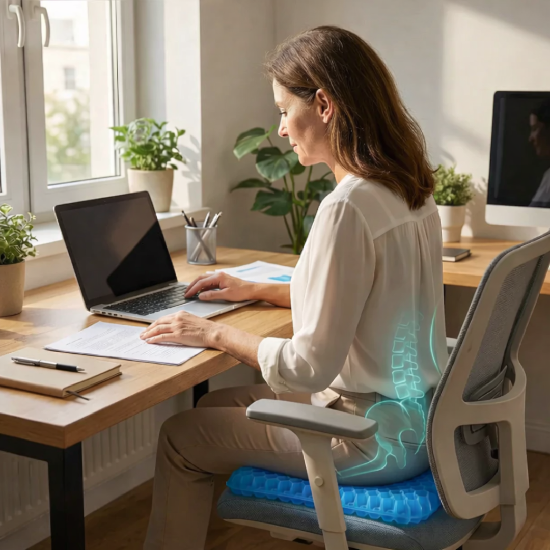 Ergonomisk kylande silikonsittdyna för kontorsstol. Ger optimal komfort, avlastning & ventilation under långa dagar.