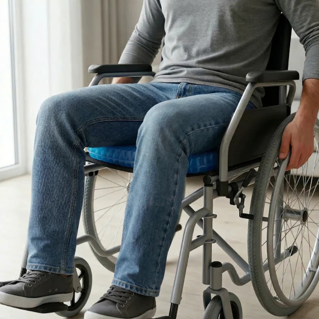 Gel-sittdyna för hemmakontor & rullstol. Erbjuder ergonomisk komfort, avlastning & kylande ventilation vid långvarigt sittande.