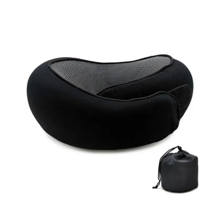 Resekudde i memory foam med luva. Perfekt för avslappning och stöd under långa flygningar.