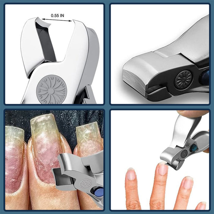 Ergonomisk nagelklippare i rostfritt stål med bred öppning och böjda blad, perfekt för tjocka naglar och säker klippning.
