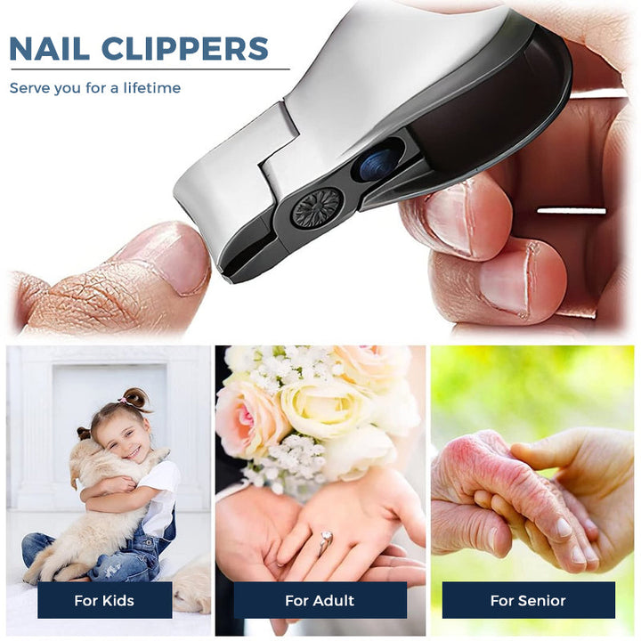 Ergonomisk nagelklippare i rostfritt stål med bred öppning och böjda blad, perfekt för tjocka naglar och säker klippning.