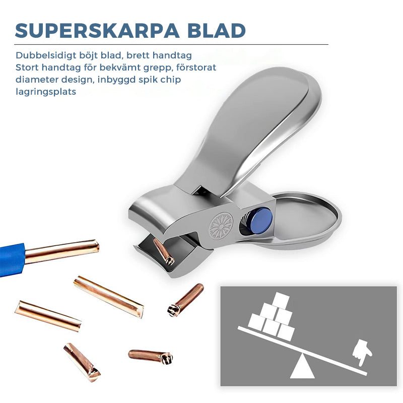Ergonomisk nagelklippare i rostfritt stål med bred öppning och böjda blad, perfekt för tjocka naglar och säker klippning.