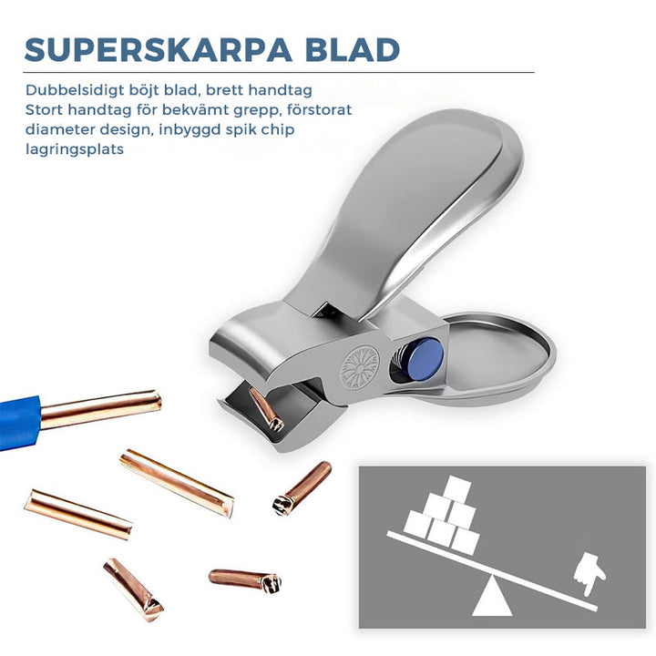 Ergonomisk nagelklippare i rostfritt stål med bred öppning och böjda blad, perfekt för tjocka naglar och säker klippning.