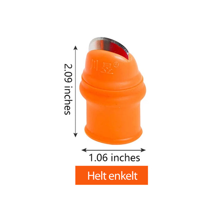 "Ergonomisk orange fingerkniv med rostfritt stålblad för effektiv grönsaksskörd i trädgården."