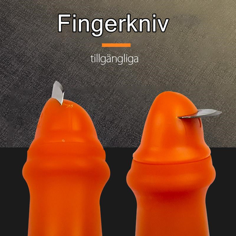 "Ergonomisk orange fingerkniv med rostfritt stålblad för effektiv grönsaksskörd i trädgården."