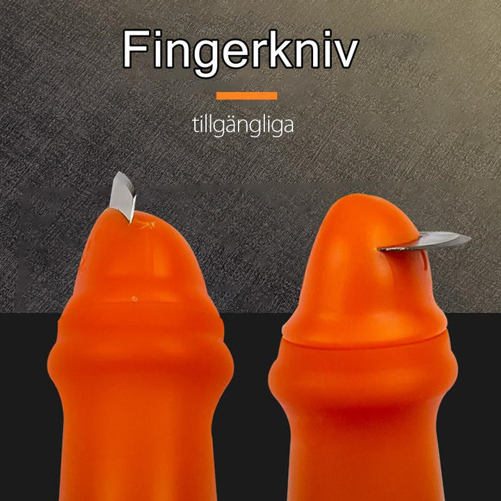 "Ergonomisk orange fingerkniv med rostfritt stålblad för effektiv grönsaksskörd i trädgården."