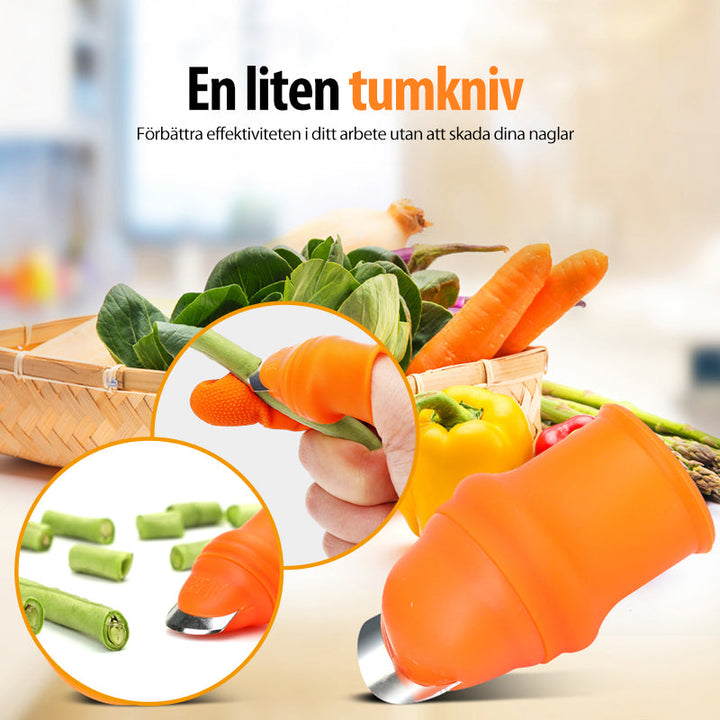 "Ergonomisk orange fingerkniv med rostfritt stålblad för effektiv grönsaksskörd i trädgården."