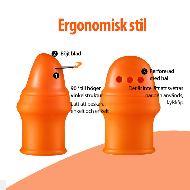 "Ergonomisk orange fingerkniv med rostfritt stålblad för effektiv grönsaksskörd i trädgården."