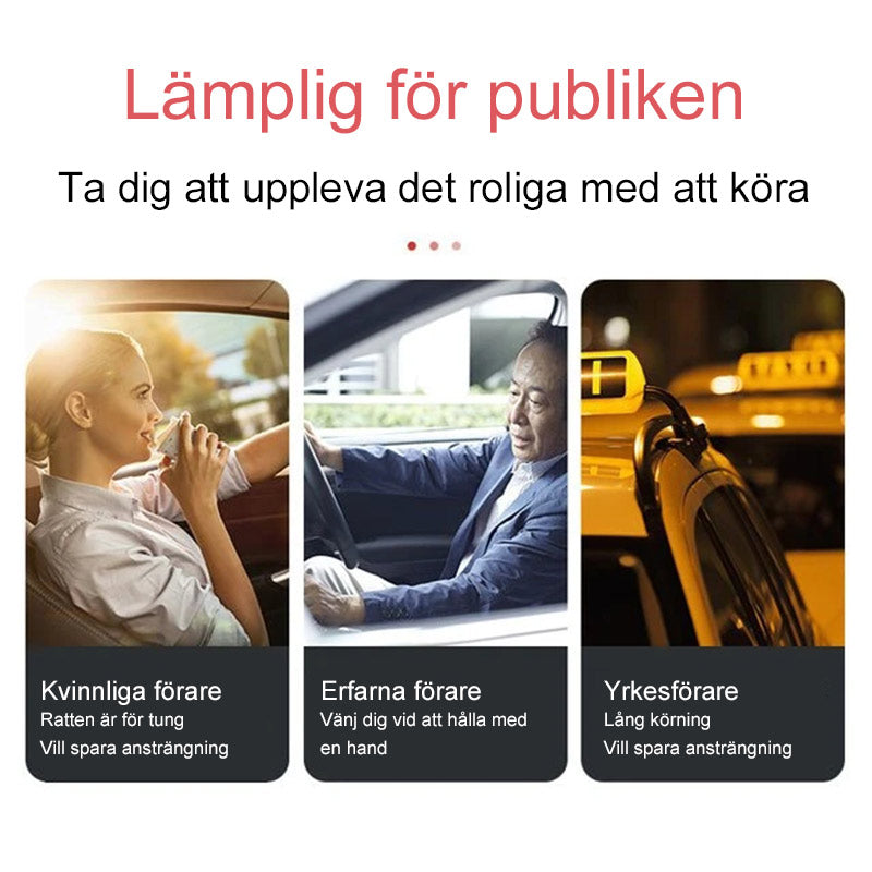 "Ergonomisk rattsnurrknopp i slitstark ABS-plast och metall för bättre styrkomfort. Idealisk för långa bilkörningar."