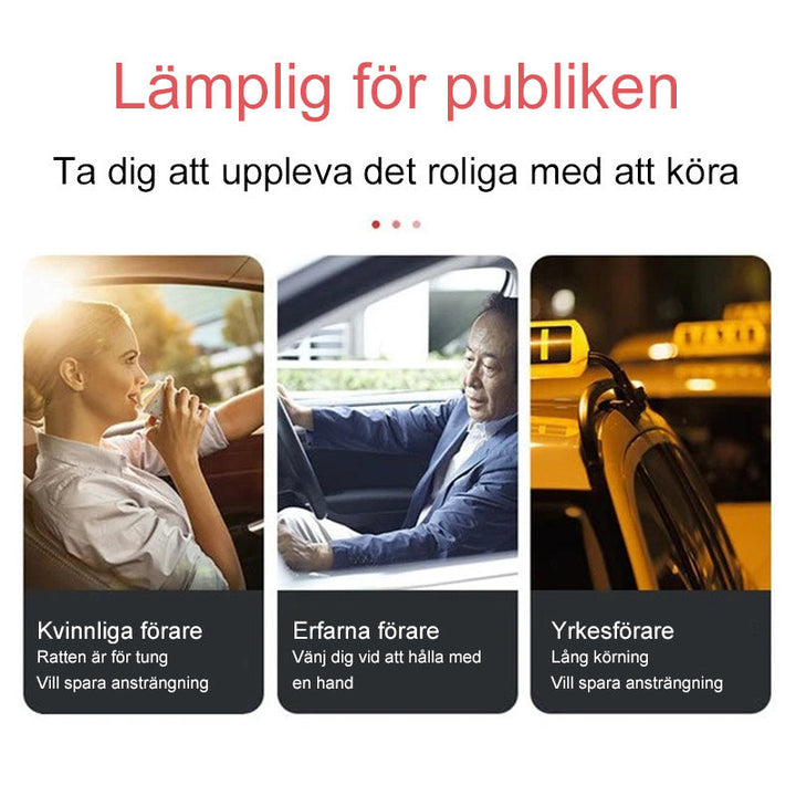 "Ergonomisk rattsnurrknopp i slitstark ABS-plast och metall för bättre styrkomfort. Idealisk för långa bilkörningar."