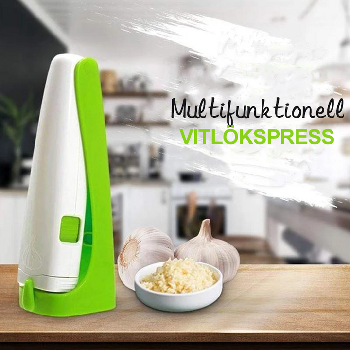 "Ergonomisk rostfri vitlökspress i unik design, silver och svart, perfekt för enkel hackning av vitlök och ingefära."