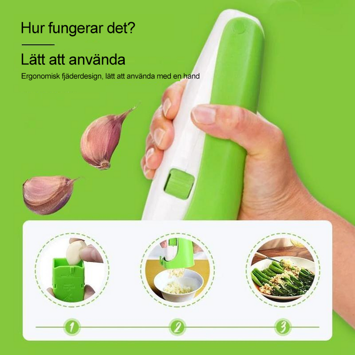 "Ergonomisk rostfri vitlökspress i unik design, silver och svart, perfekt för enkel hackning av vitlök och ingefära."