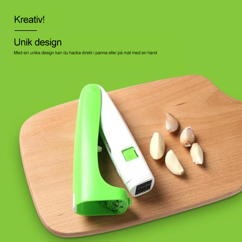 "Ergonomisk rostfri vitlökspress i unik design, silver och svart, perfekt för enkel hackning av vitlök och ingefära."