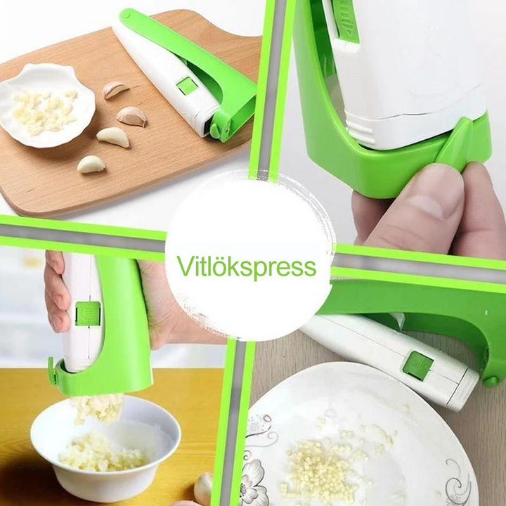 "Ergonomisk rostfri vitlökspress i unik design, silver och svart, perfekt för enkel hackning av vitlök och ingefära."