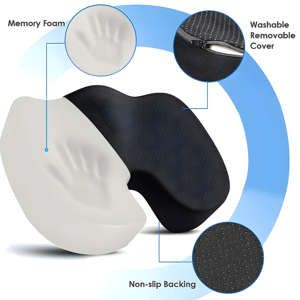 Memoryskum sittkudde detalj, visar material som anpassar sig för optimalt rygg- och höftstöd.
