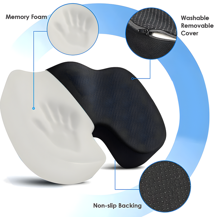 Memoryskum sittkudde detalj, visar material som anpassar sig för optimalt rygg- och höftstöd.