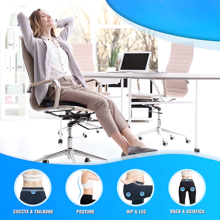 Sittkudde med ergonomisk design för tryckavlastning, perfekt för ryggvård och ökad sittkomfort.