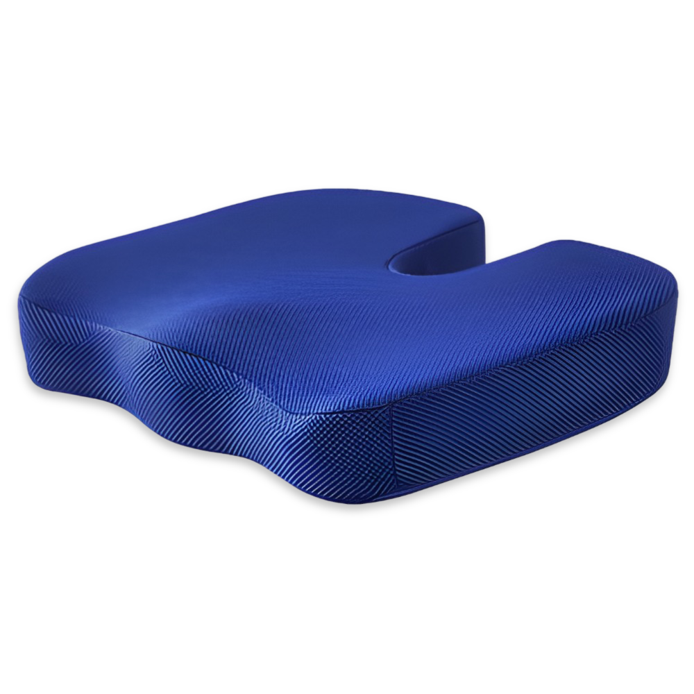 Framsida av sittkudde med andningsbart överdrag. Memoryskum för bästa tryckavlastning och sittkomfort.