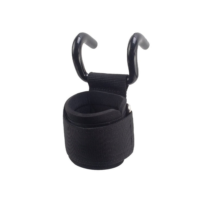 "Ergonomiska, svarta handledsstöd med metallkrokar för styrketräning, justerbara med neoprenfodring för komfort."