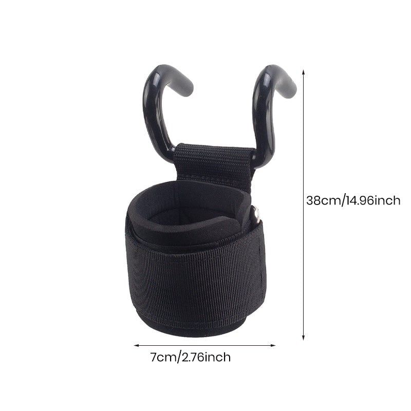 "Ergonomiska, svarta handledsstöd med metallkrokar för styrketräning, justerbara med neoprenfodring för komfort."