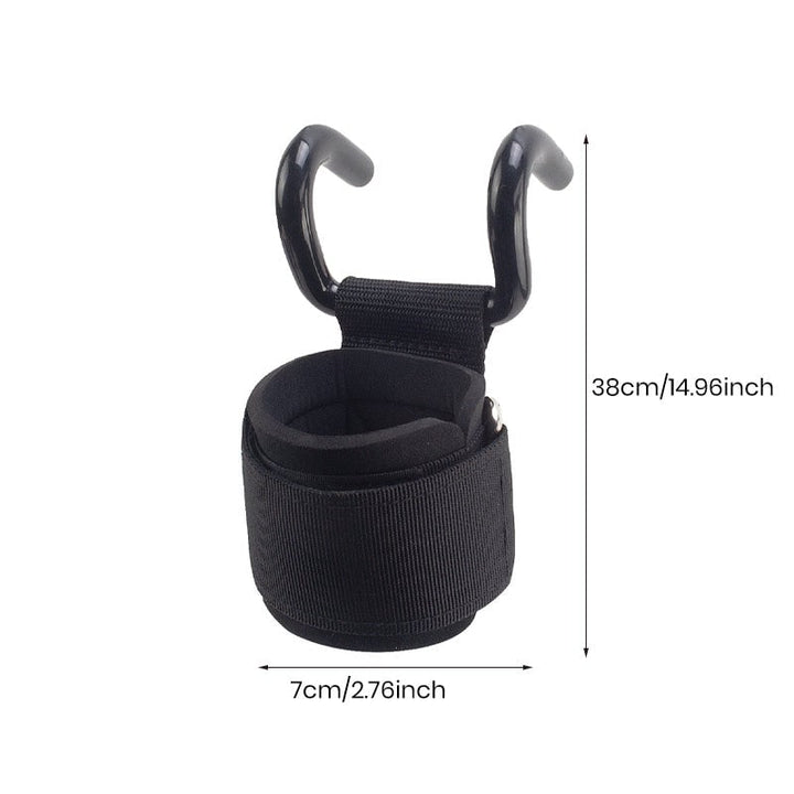 "Ergonomiska, svarta handledsstöd med metallkrokar för styrketräning, justerbara med neoprenfodring för komfort."