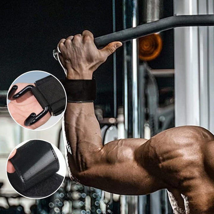 "Ergonomiska, svarta handledsstöd med metallkrokar för styrketräning, justerbara med neoprenfodring för komfort."
