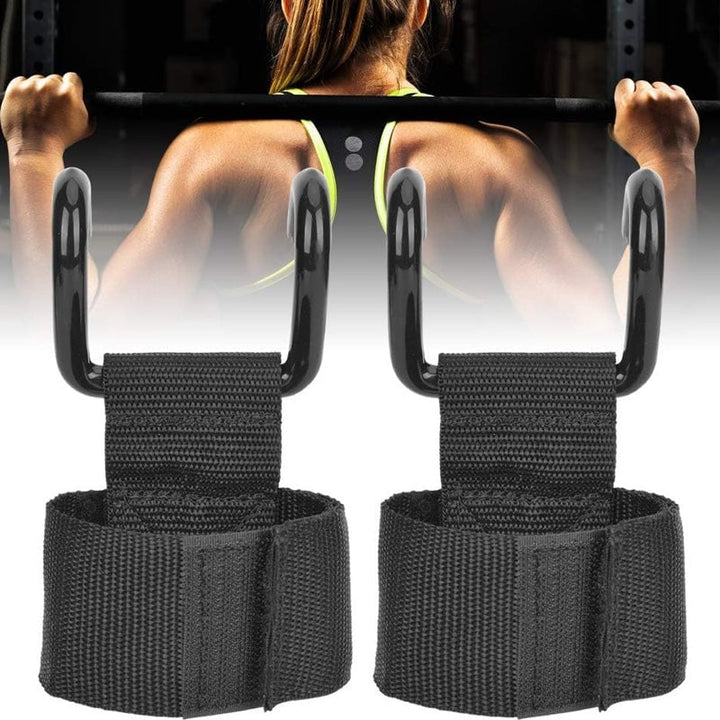"Ergonomiska, svarta handledsstöd med metallkrokar för styrketräning, justerbara med neoprenfodring för komfort."