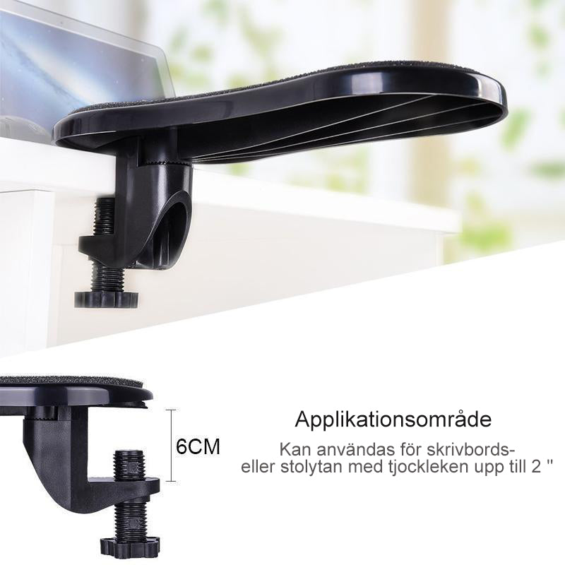 "Ergonomiskt armstöd för skrivbord, svart, gul och röd, minskar belastning, förbättrar hållning vid datorarbete."