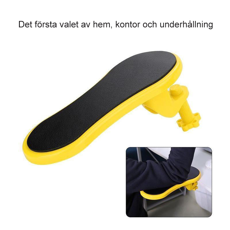 "Ergonomiskt armstöd för skrivbord, svart, gul och röd, minskar belastning, förbättrar hållning vid datorarbete."