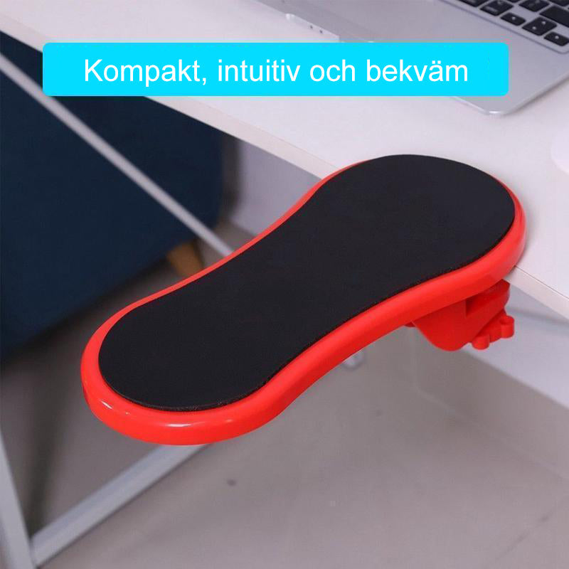 "Ergonomiskt armstöd för skrivbord, svart, gul och röd, minskar belastning, förbättrar hållning vid datorarbete."