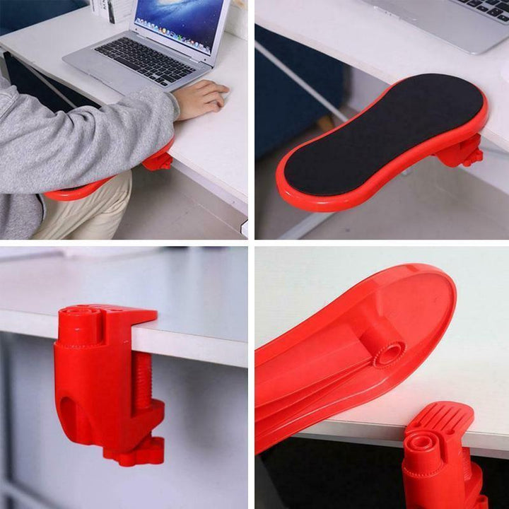 "Ergonomiskt armstöd för skrivbord, svart, gul och röd, minskar belastning, förbättrar hållning vid datorarbete."