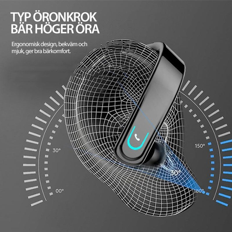 "Ergonomiskt Bluetooth-headset för sport, sitter säkert bakom örat, perfekt för träning och utomhusaktiviteter."