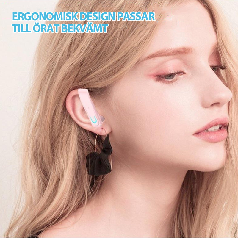 "Ergonomiskt Bluetooth-headset för sport, sitter säkert bakom örat, perfekt för träning och utomhusaktiviteter."