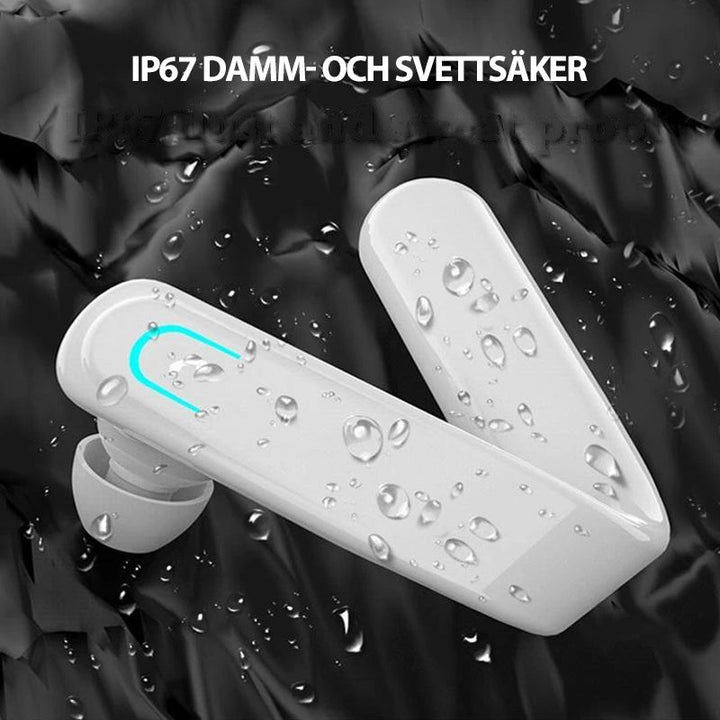 "Ergonomiskt Bluetooth-headset för sport, sitter säkert bakom örat, perfekt för träning och utomhusaktiviteter."