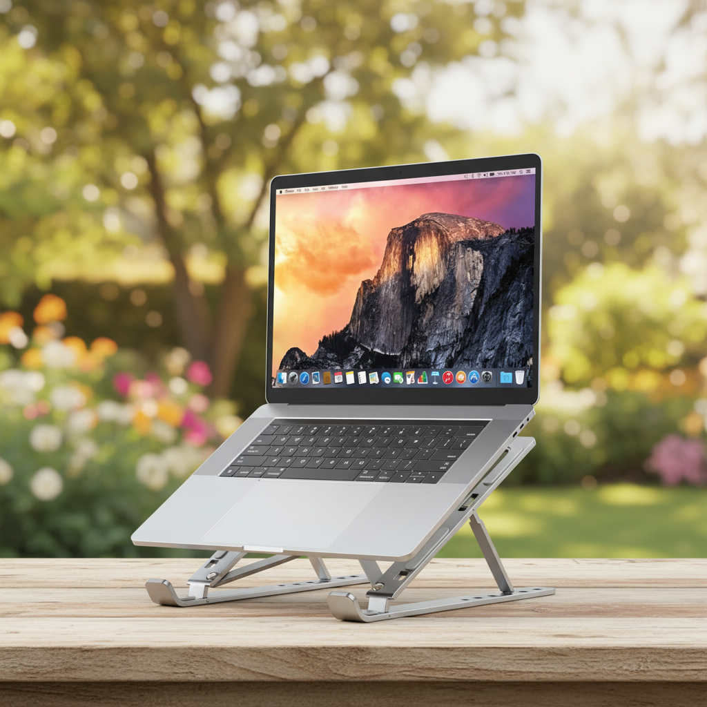 Ergonomiskt justerbart laptopställ i silver för förbättrad hållning vid hemmakontoret.