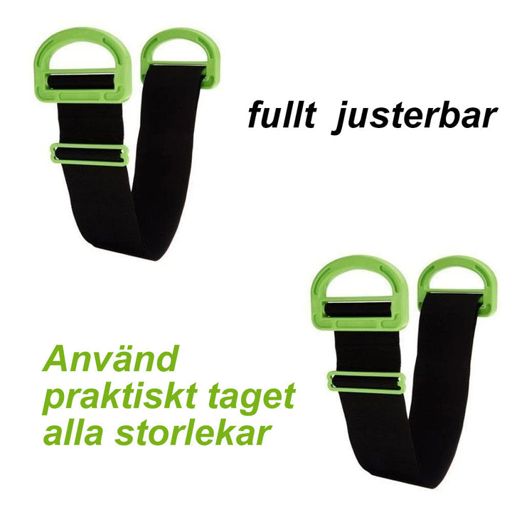 "Ergonomiskt, justerbart lyftbälte för tunga möbler, i slitstark nylon, svart färg, med breda remmar för bekvämt grepp."