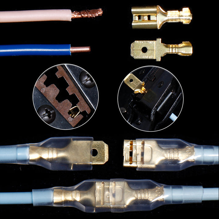 "Ergonomiskt krimpverktygssats för män, robust högkvalitativt stål, inkluderar 450 trådanslutningar och ändhylsor."