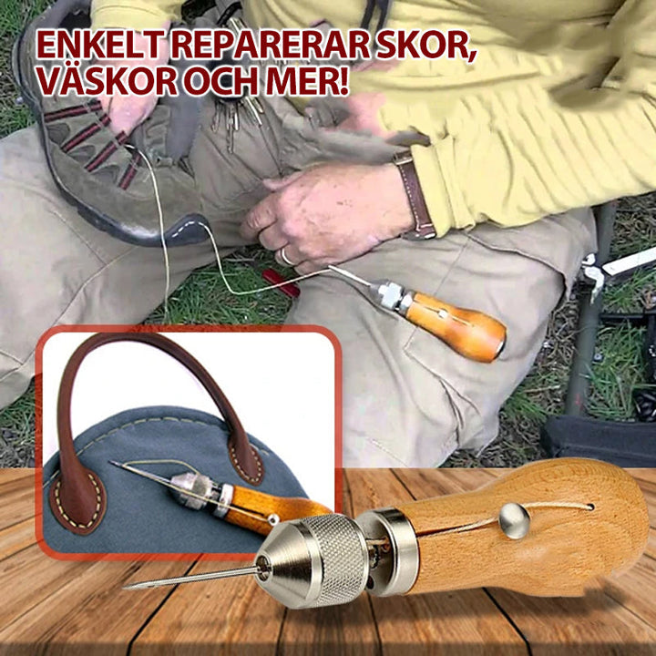 Ergonomiskt syttillbehör med lövträhandtag, perfekt för arbete med läder och tyg, ger komfort och precision.