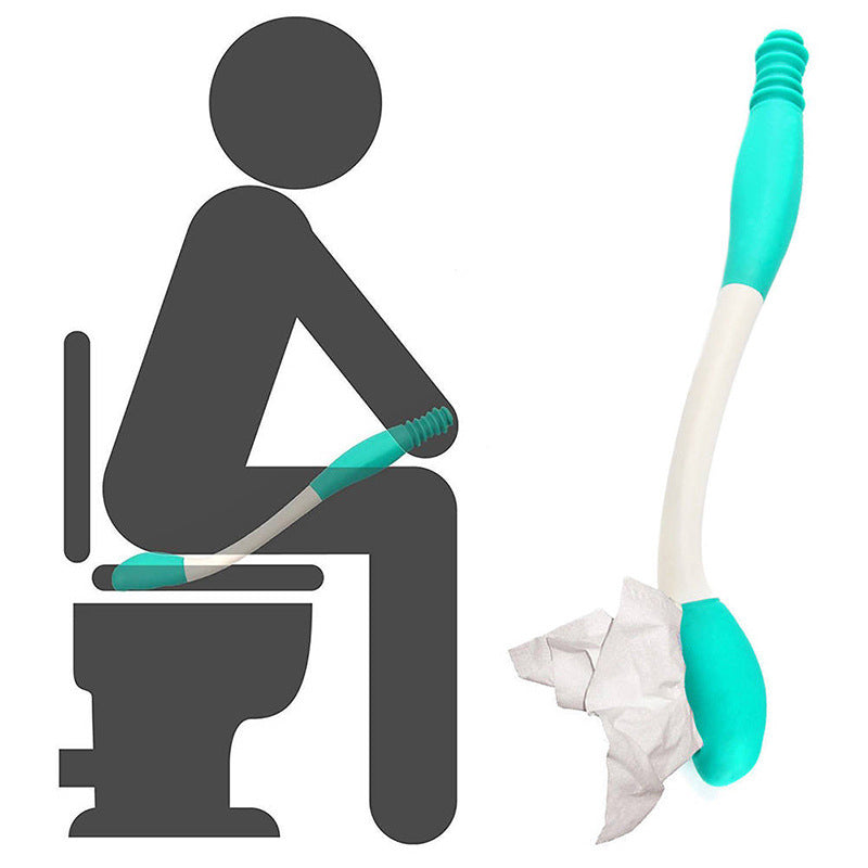 Ergonomiskt toalettpappersverktyg i plast med gummitygnd, för lättare hygien vid begränsad rörlighet, sett på vit bakgrund.